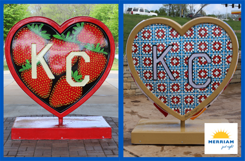 Two 5-foot heart sculptures - one with large strawberries painted on it. The other is painted to look like it's hand-stitched. The letters KC are in the middle of each heart.